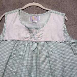 Vintage Cottagecore Prairie Nightgown Green White Gingham Sleeveless Large